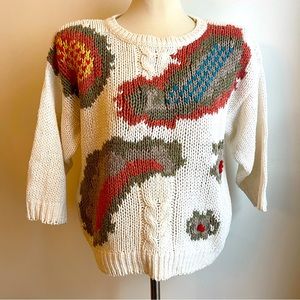 Vintage 80s Needles & Yarn Hand Knit Ramie Sweater Abstract Floral Size Medium